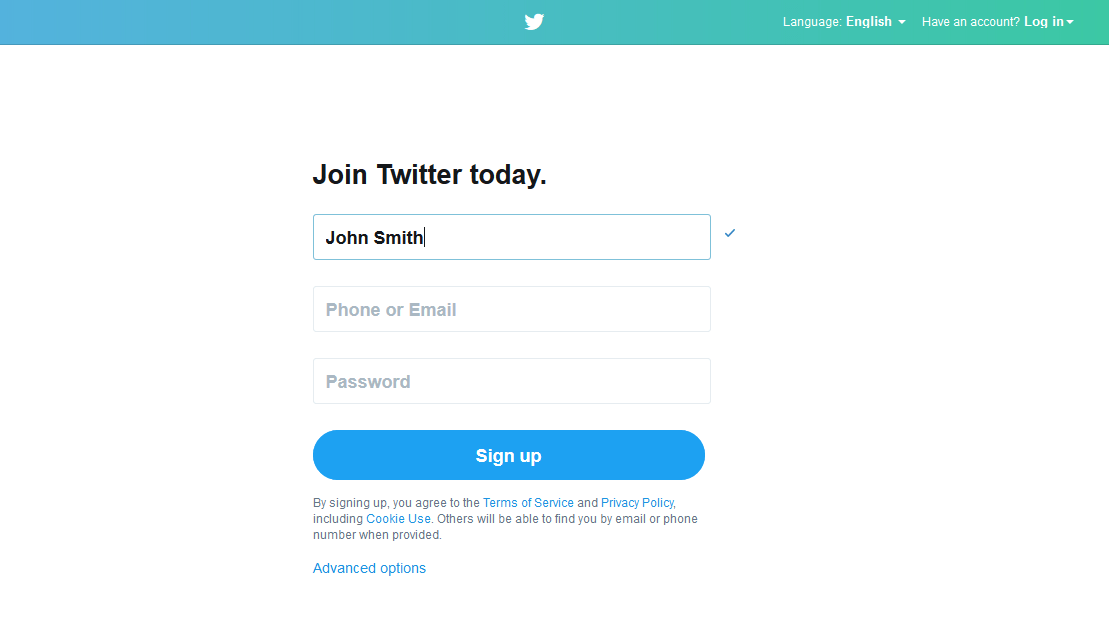 Screenshot of Twitter registration page
