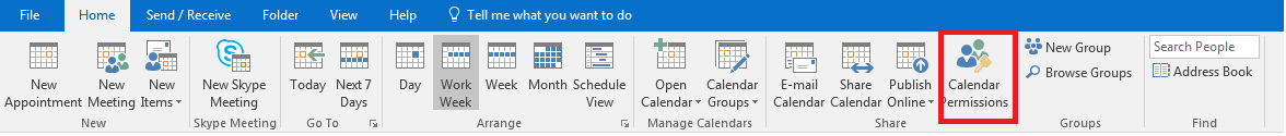Outlook: Calendar view toolbar in the “Start” tab.