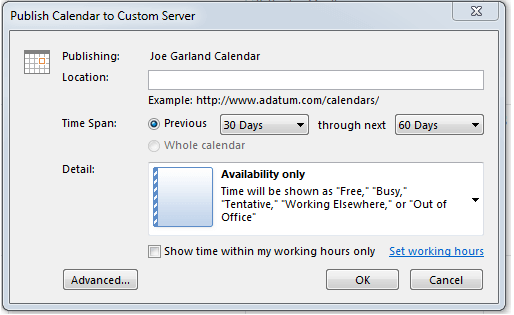Outlook dialog box: “Publish calendar to custom server”.