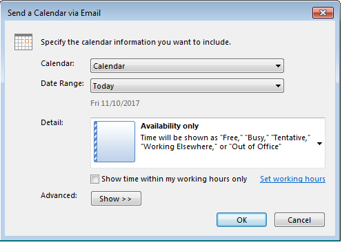 Outlook: Dialogue window “Send Calendar via Email”.