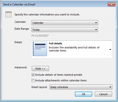 Outlook: Advanced options in the “Send Calendar via Email” dialogue window.