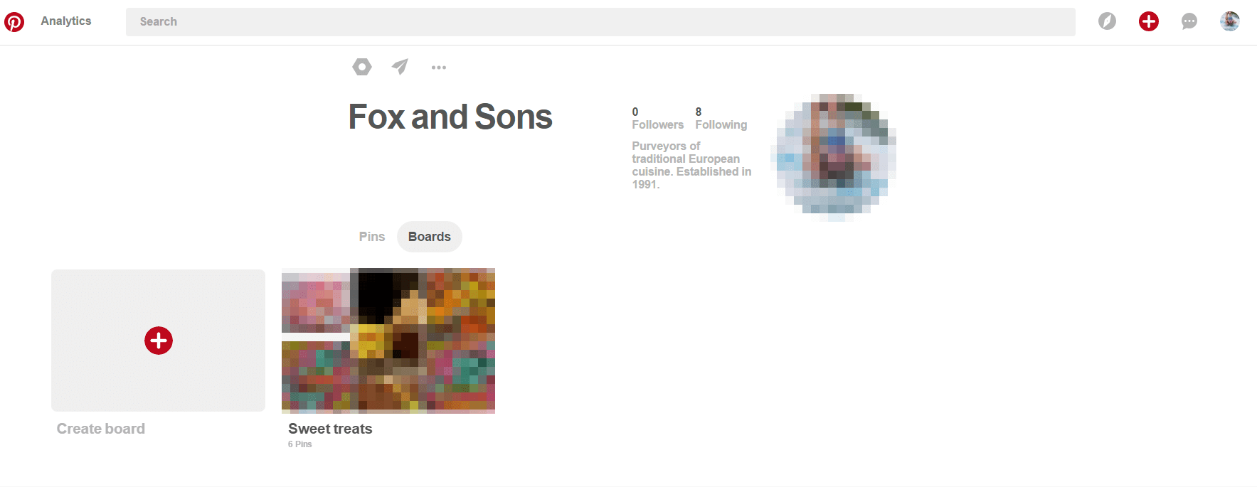 Pinterest profile for fictitious business Fox and Sons