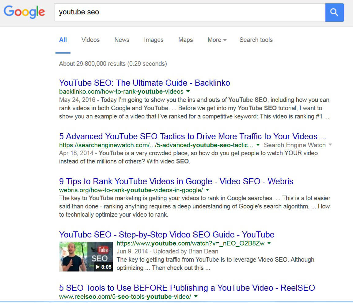Results page for the search ‘youtube seo’ on Google