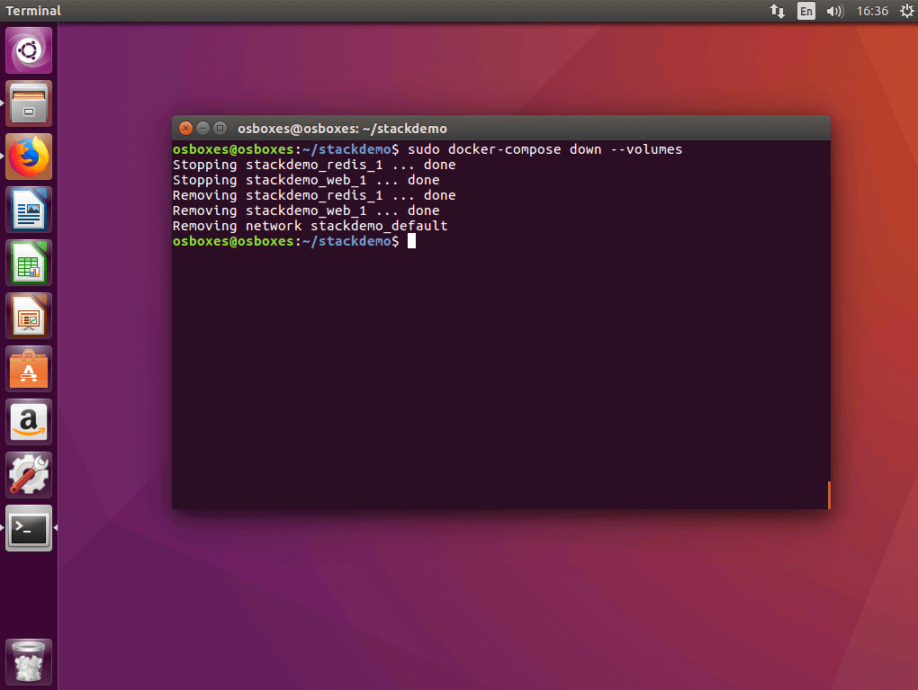 The command “docker-compose down” in the Ubuntu terminal