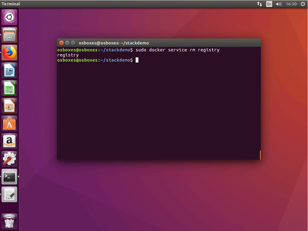 The command “docker service rm” in the Ubuntu terminal