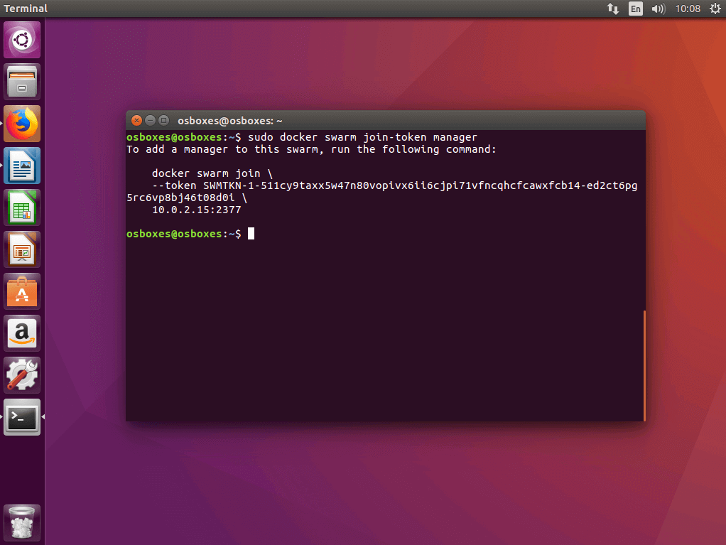 The command “docker swarm join-token manager” in the Ubuntu terminal
