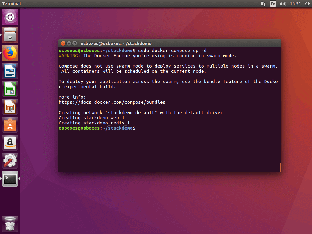 The command “docker-compose up” in the Ubuntu terminal