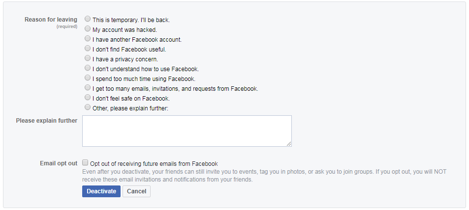 Facebook account deactivation form