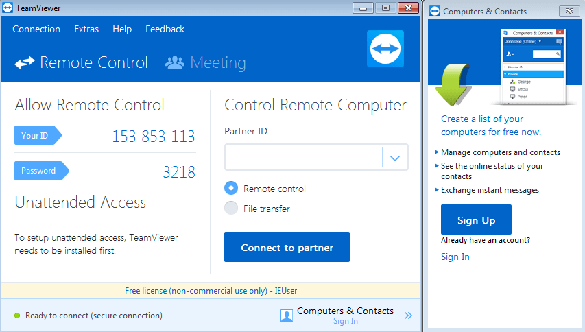 TeamViewer window for setting up remote control