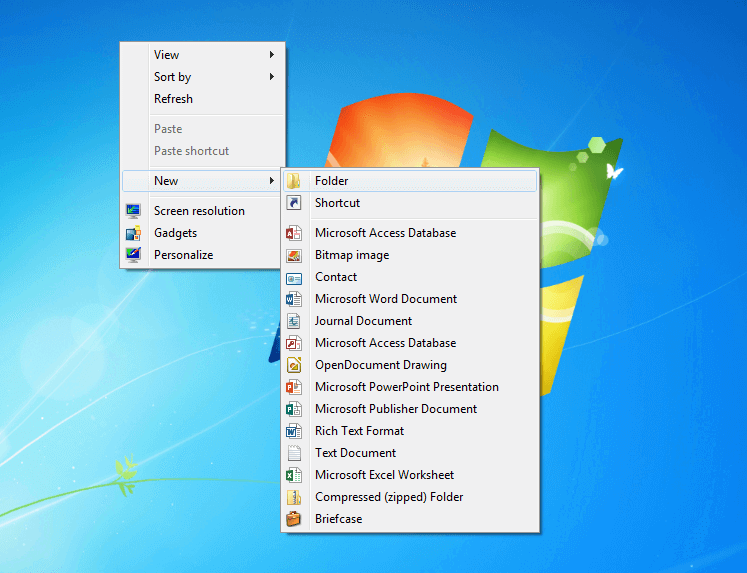 Screenshot of the Windows desktop with the context menu open to “New”