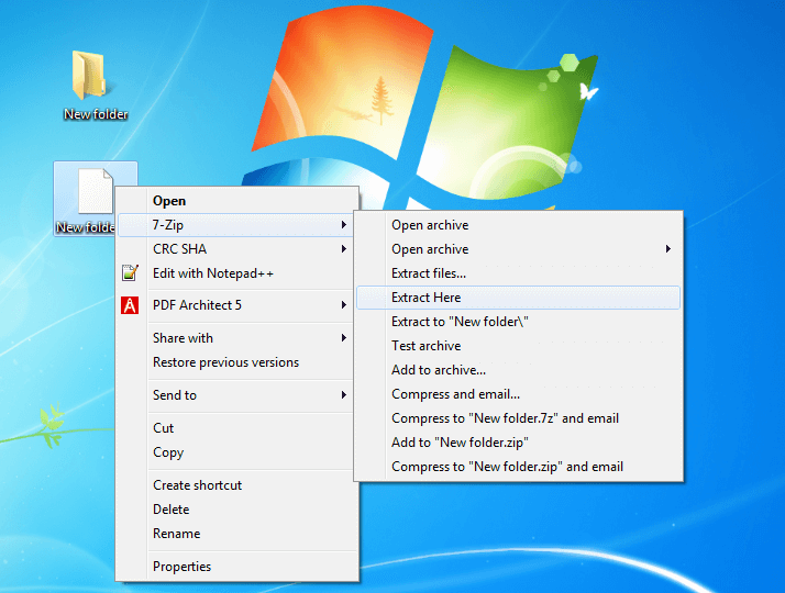 Screenshot of the Windows desktop on which a 7-Zip compressed folder is to be unzipped