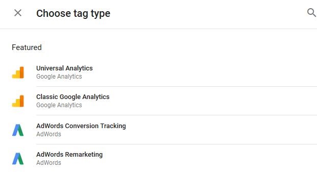 Selection of tag types in Google Tag Manager