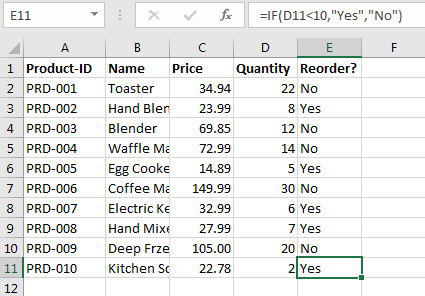 Example table with an IF function