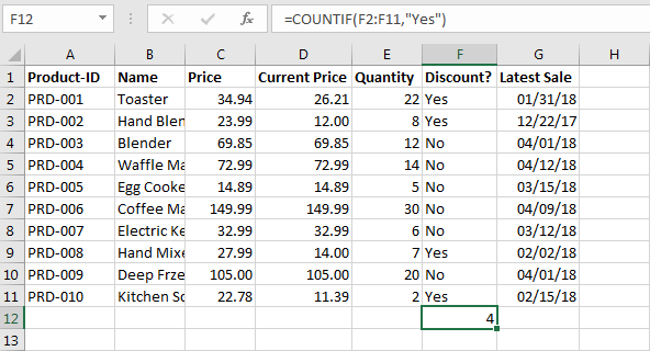 COUNTIF function in an example table
