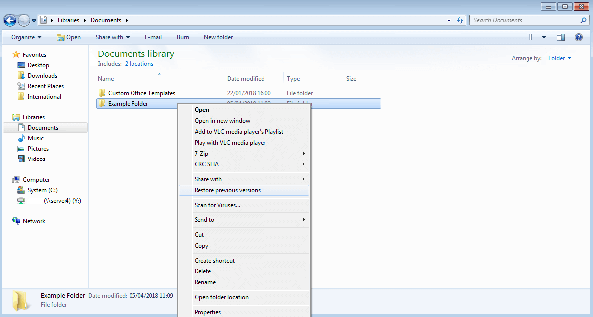 “Restore previous versions” in context menu of the document folder