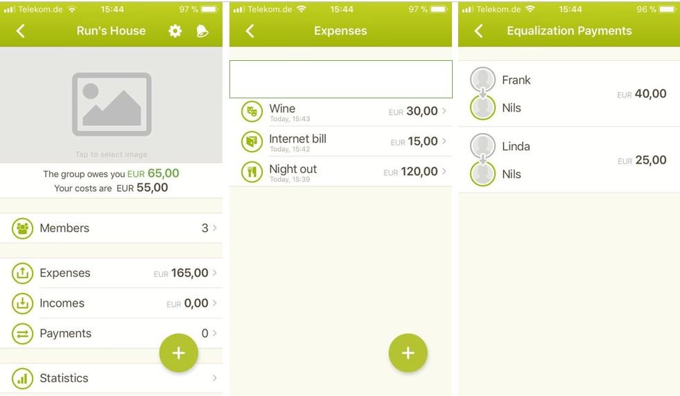 Overview of the Splittr app: Groups – Expenses – Equalisation Payments