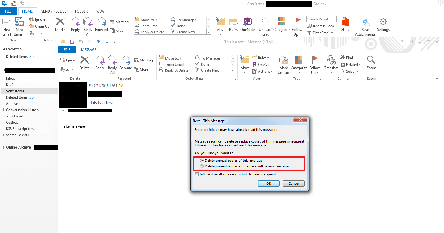 how to recall email from outlook