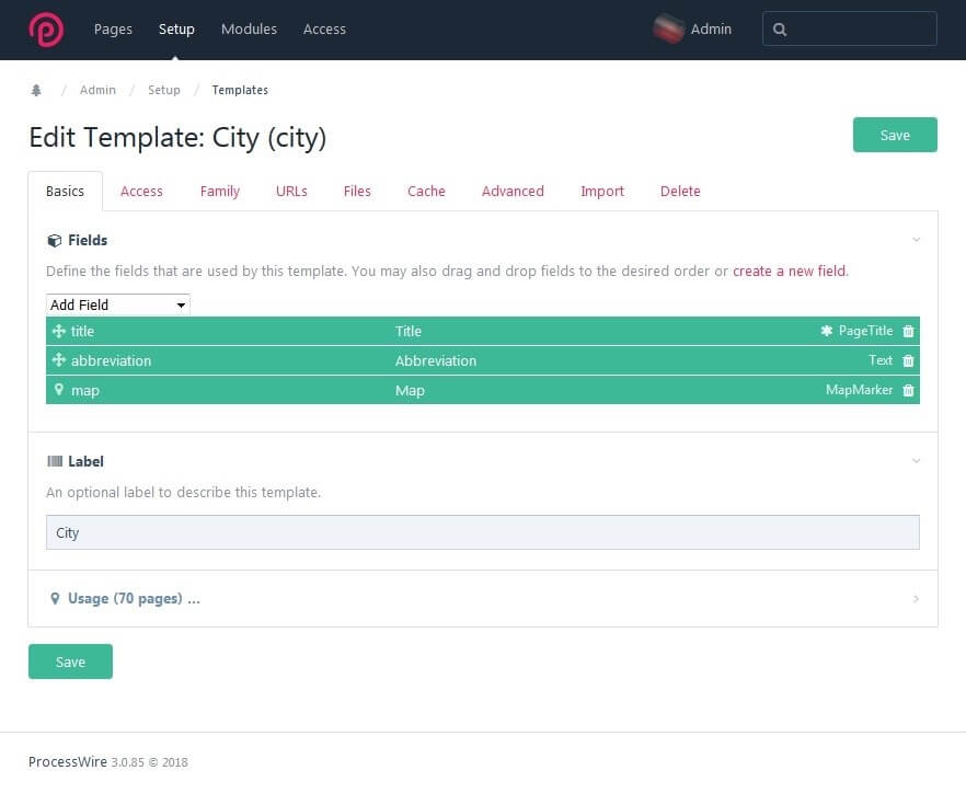 Example of a template for the parent page “City” with three fields