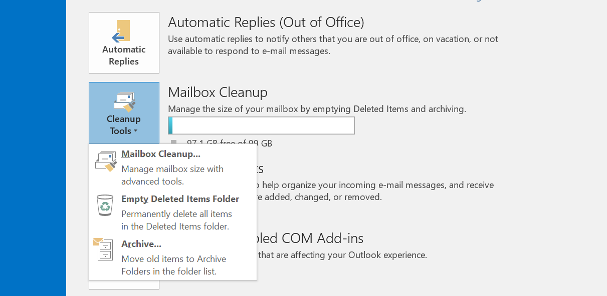Microsoft Outlook 2016: The “File” tab and “Cleanup Tools” button