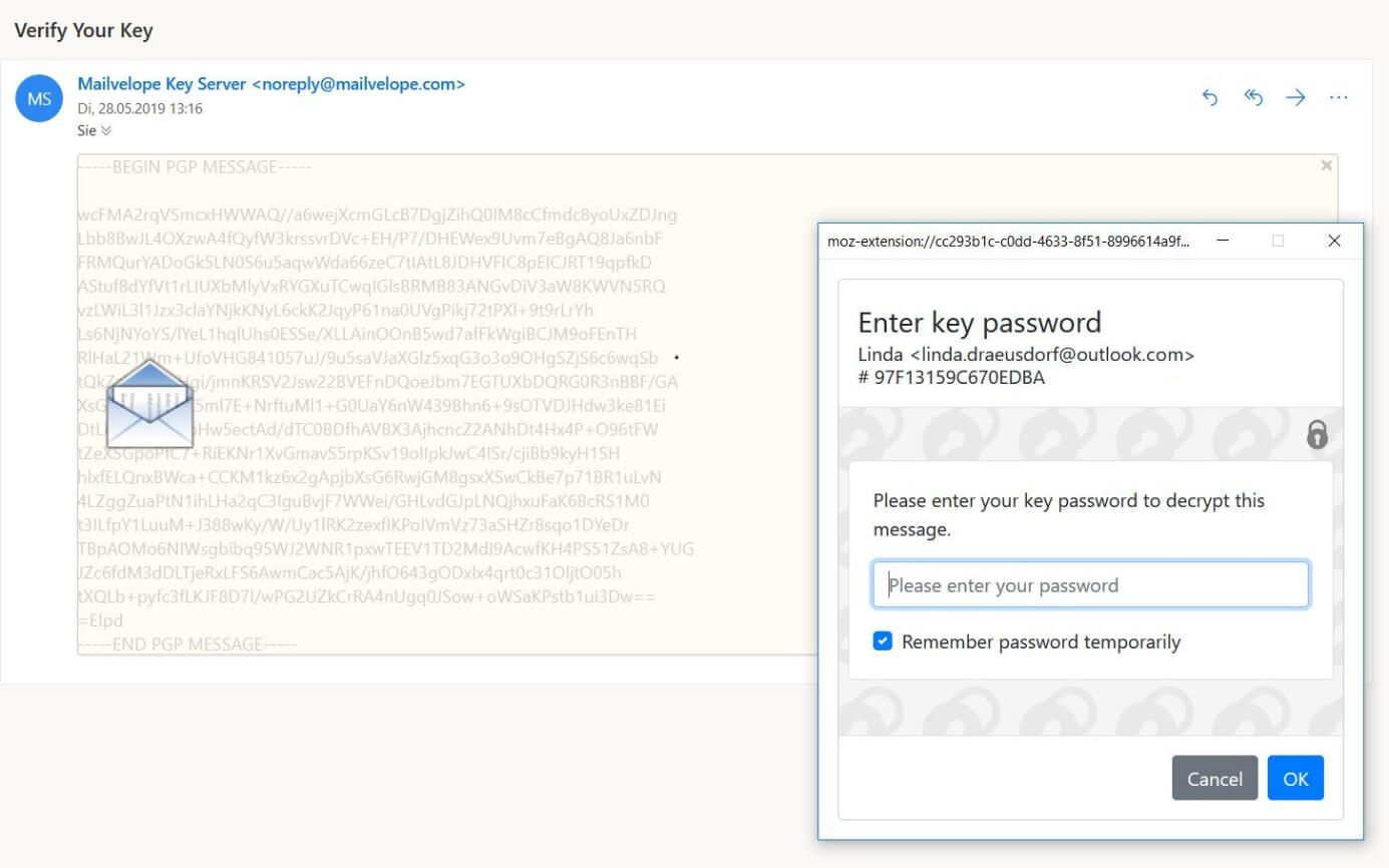 Encrypted email and key password window