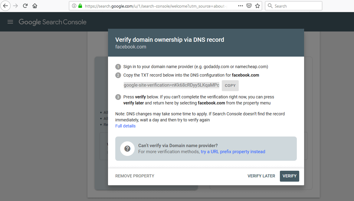 Google Search Console: Dialogue window “Confirmation of domain ownership”.