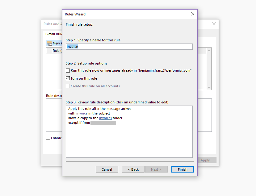 Outlook Rules Wizard: naming and rule options