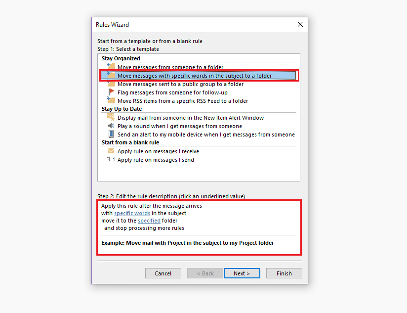 Outlook Rules Wizard: rule template selection