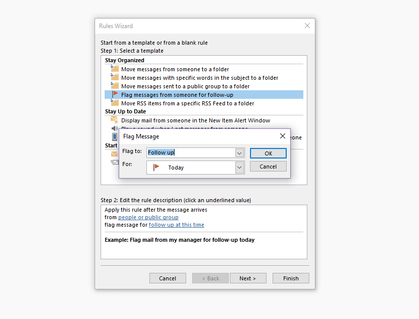 The Outlook Rules Wizard: flag message