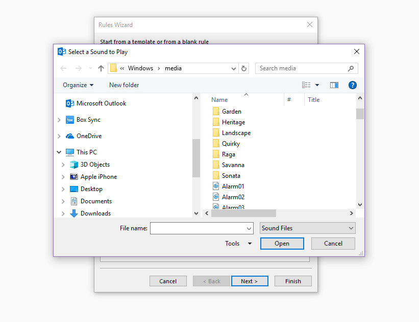 Outlook Rules Wizard: sound file selection