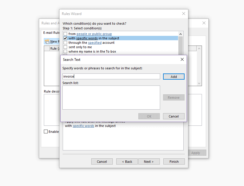 Outlook Rules Wizard: editing the rule condition