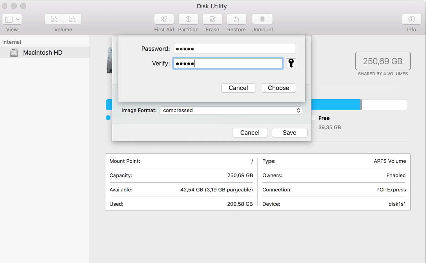 The macOS hard drive service program: Password entry