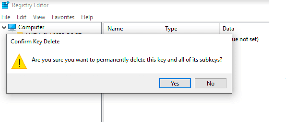 Regedit: “Confirm Delete key” dialogue box