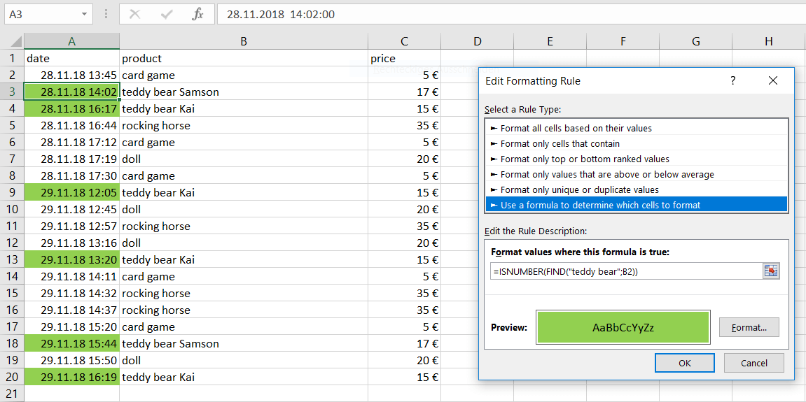 Conditional formatting in Excel with FIND function Conditional formatting in Excel with FIND function
