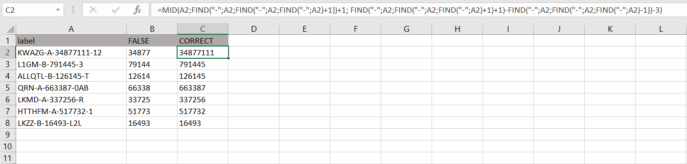Worksheet in Excel with FIND and MID function Worksheet in Excel with FIND and MID function