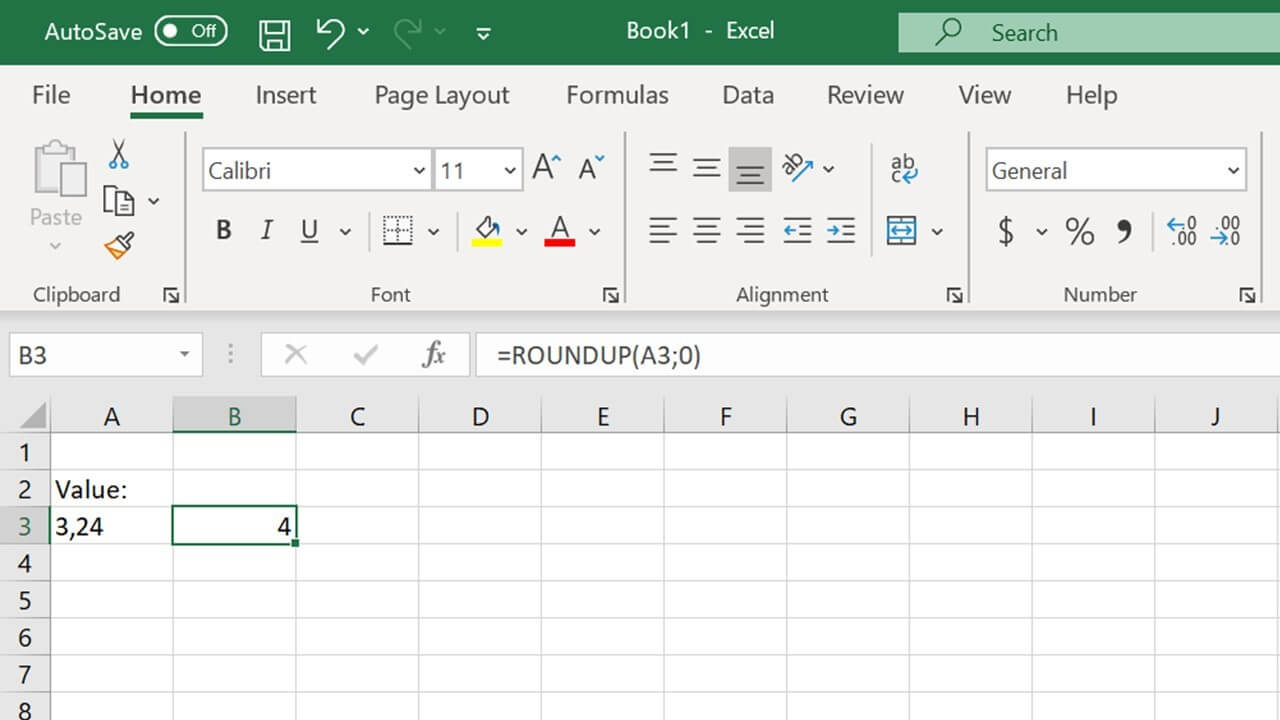 ROUNDUP function in Excel with no decimal places