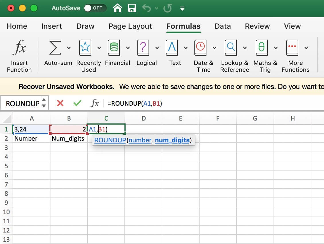 ROUNDUP function in Excel with dynamic values