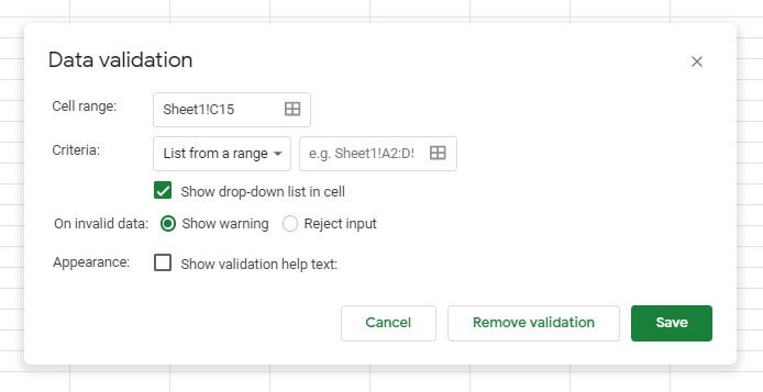 Google Sheets: “Data validation” window Google Sheets: “Data validation” window