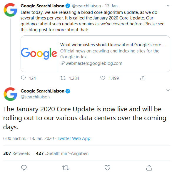 January 2020 Core Update Twitter Post