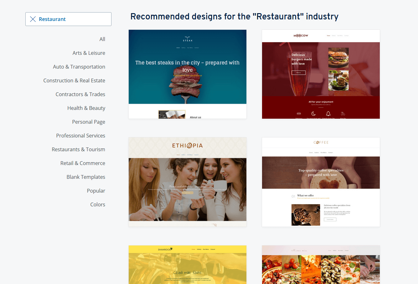 Design templates for restaurant websites