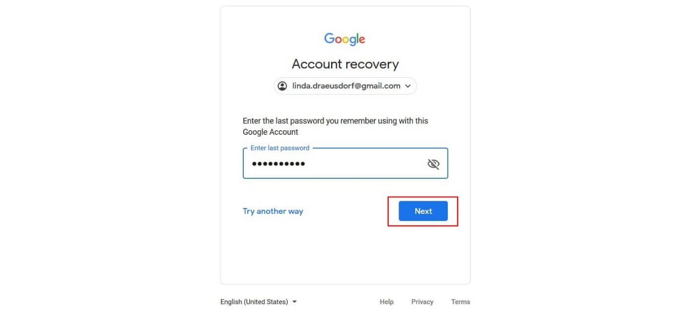 Google password entry form