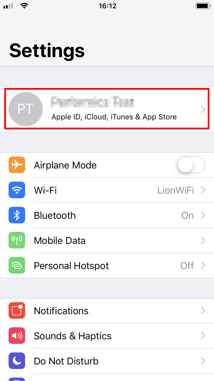 iOS: “Settings” menu