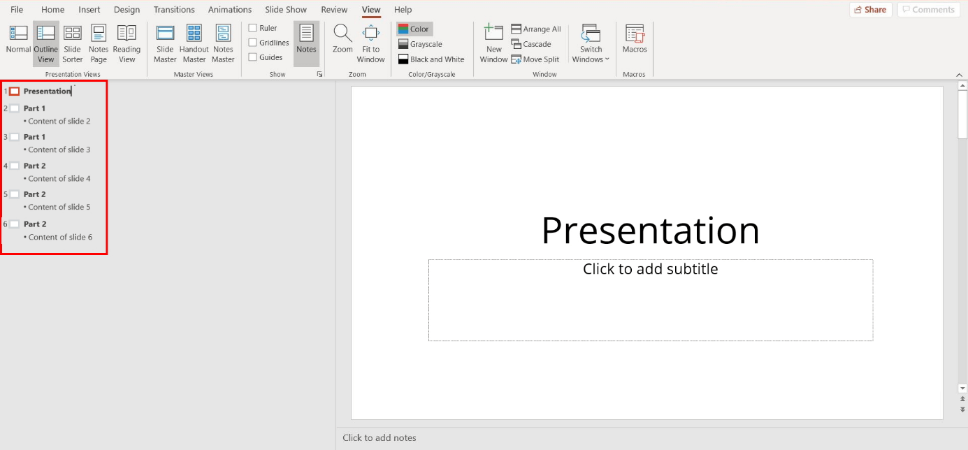 display the presentation outline powerpoint