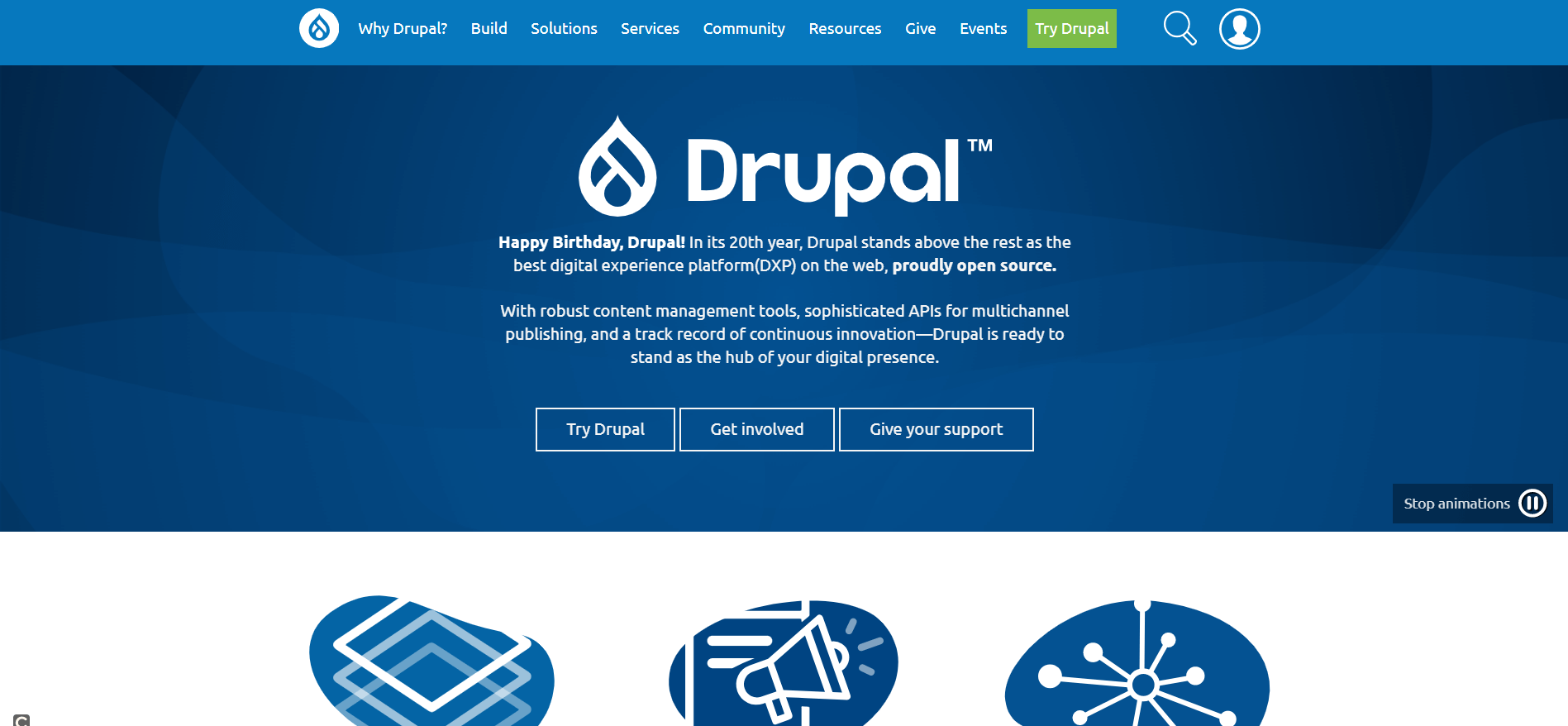 The homepage of the Drupal project