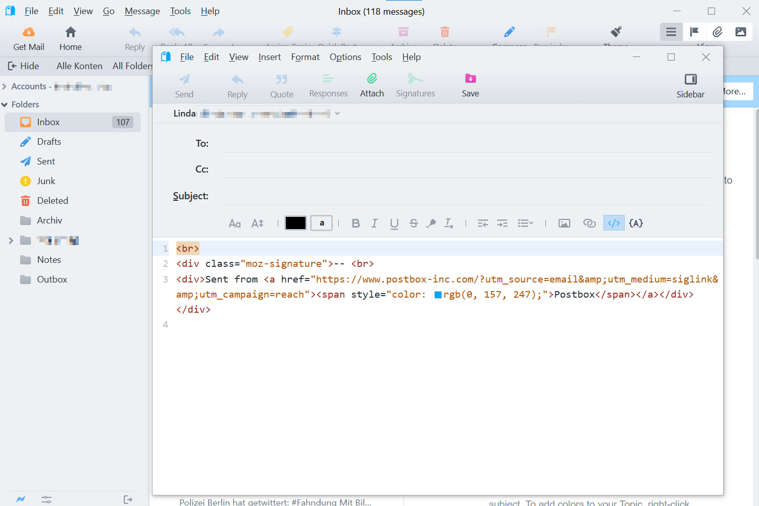 HTML mode when composing an email in Postbox