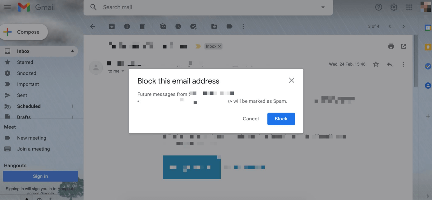 Gmail: ‘Block this email address’ dialogue