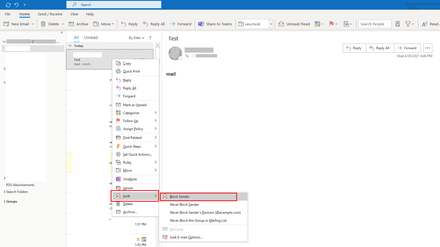 Junk email menu in Outlook