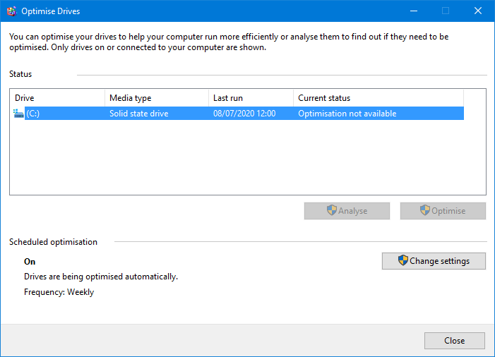 ‘Optimise drives’ in Windows 10