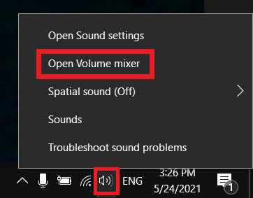 On Windows 10, right click on the speaker to open the settings and go to ‘Open Volume mixer’