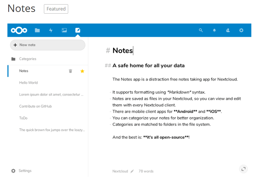 Screenshot of Notes in the Nextcloud app database