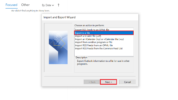 Outlook Import and Export Wizard: possible actions Outlook Import and Export Wizard: possible actions